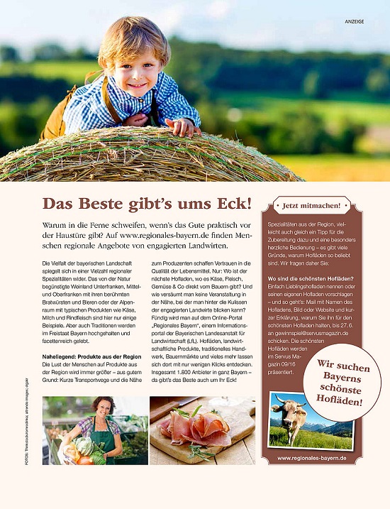 Kind in bayerischer Tracht auf Heuballen, Text mit Überschrift „Das Beste gibt's ums Eck“.