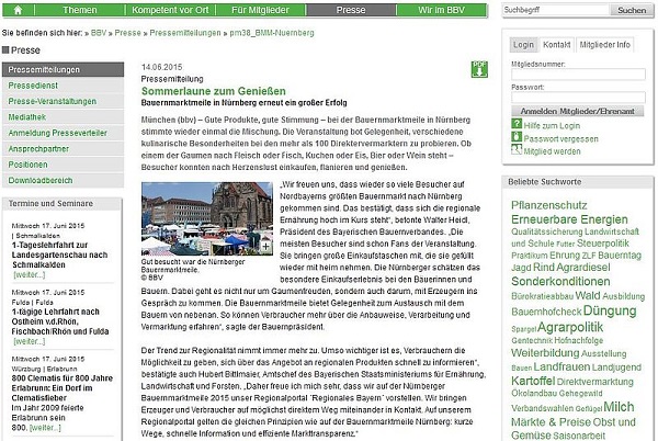 Screenshot der Pressemitteilung vom Bayerischen Bauernverband zum Thema „Sommerlaune zum Genießen“.